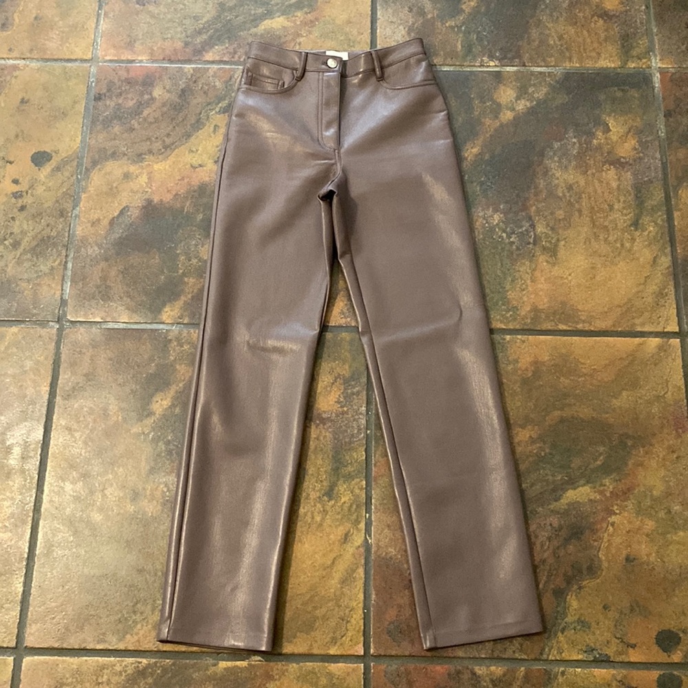 Aritzia Straight Leg Faux Leather Pants in Brown